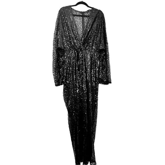 Missguided Surplice Wrap Long Sleeve Back Zip Sequin Jumpsuit Black Medium - Picture 7 of 11